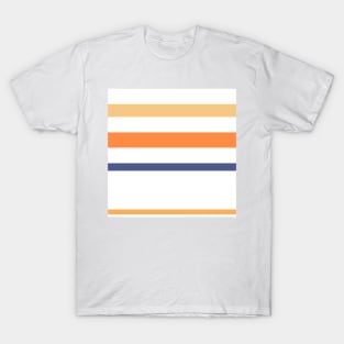 A neat miscellany of Twilight, White, Sandy, Pale Orange and Royal Orange stripes. T-Shirt